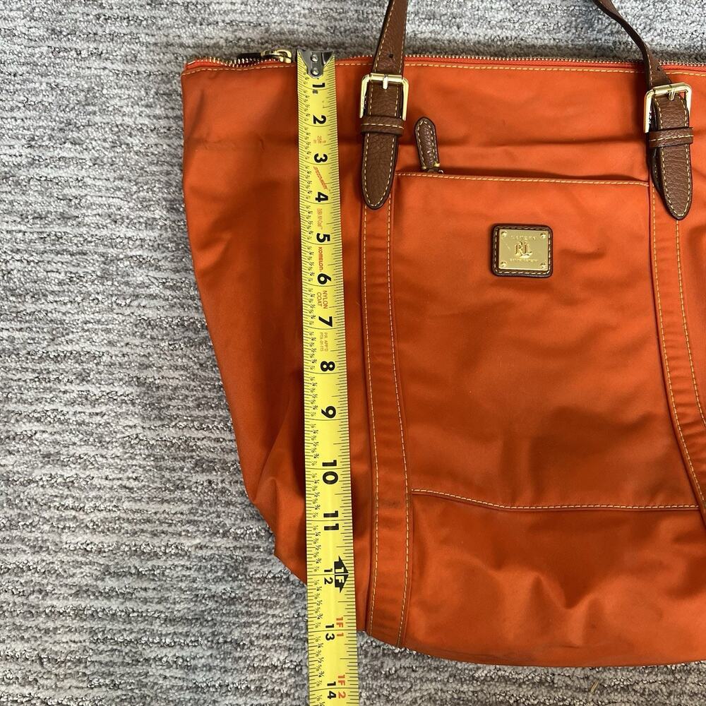 Ralph Lauren Bright Orange Leather Straps Nylon Tote Purse Bag Gold - Picture 7 of 9